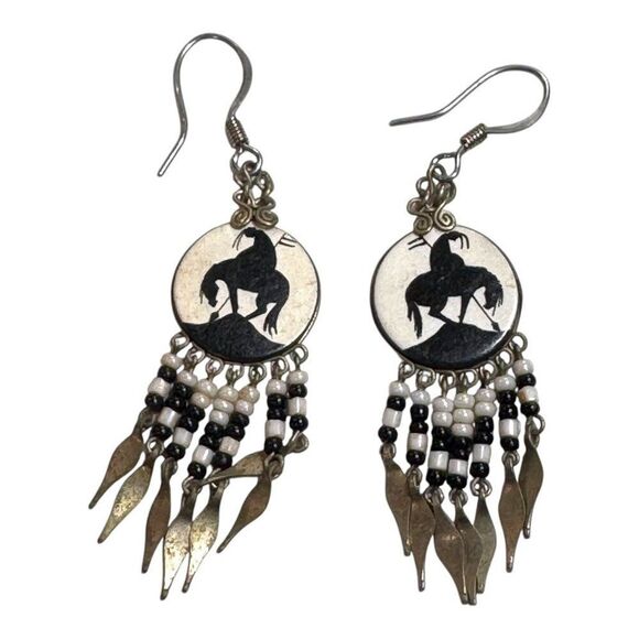 Vintage End Of The Trail Silver & Black Beaded Earrings Silhouette Dangling Drop - Picture 3 of 6